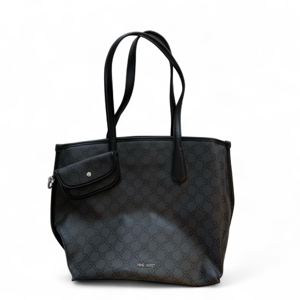 Nine West Charcoal Grey Black Logo Patterned Tote with Matching Coin Purse